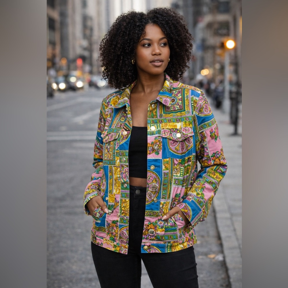 566 New Identity Colorblock Baroque Print Jacket Pink Gold Statement Cotton L